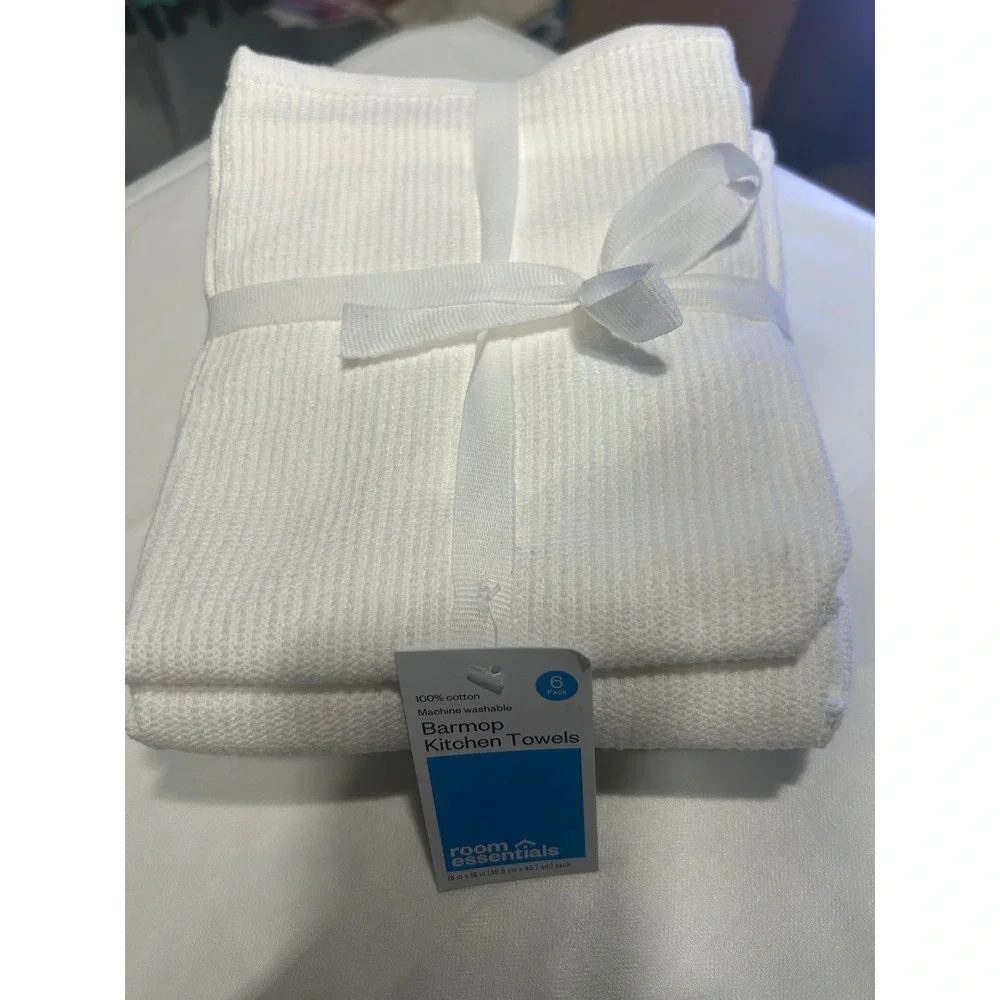 Room Essentials White Barmop Kitchen Towels 6 Pack‎ 100% Cotton 16x19 New
